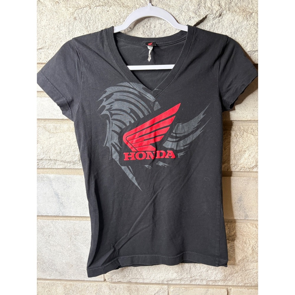 Honda Official Licensed Graphic V-Neck T-Shirt Black‎ Red Wing Logo Womens Small